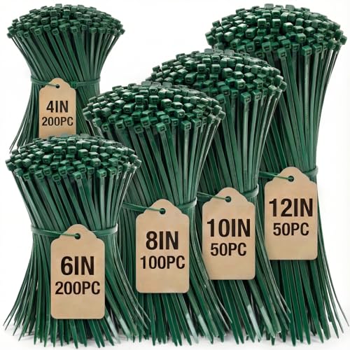 Zip Ties Assorted Sizes 4+6+8+10+12-Inch 600PCS Green Zip Ties Multi-Purpose Self-Locking Nylon Cable Tie Wire Tie Perfect for Home Garden Trellis Office Garage and Workshop.