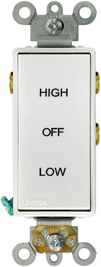 Leviton 5685-W 15 Amp, 120/277 Volt, Decora Plus Rocker, Double-Throw Center-OFF, High/Low/Off Markings, Maintained Contact Single-Pole AC Quiet Switch, White