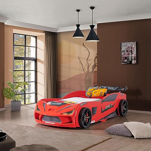 Aileenstore Autobett Kinder Kinderbett Rio 90x200 Rennwagenbett inkl. Lattenrost LED-Leuchte Spoiler (ohne Matratze, Rot ohne Sportsitze)
