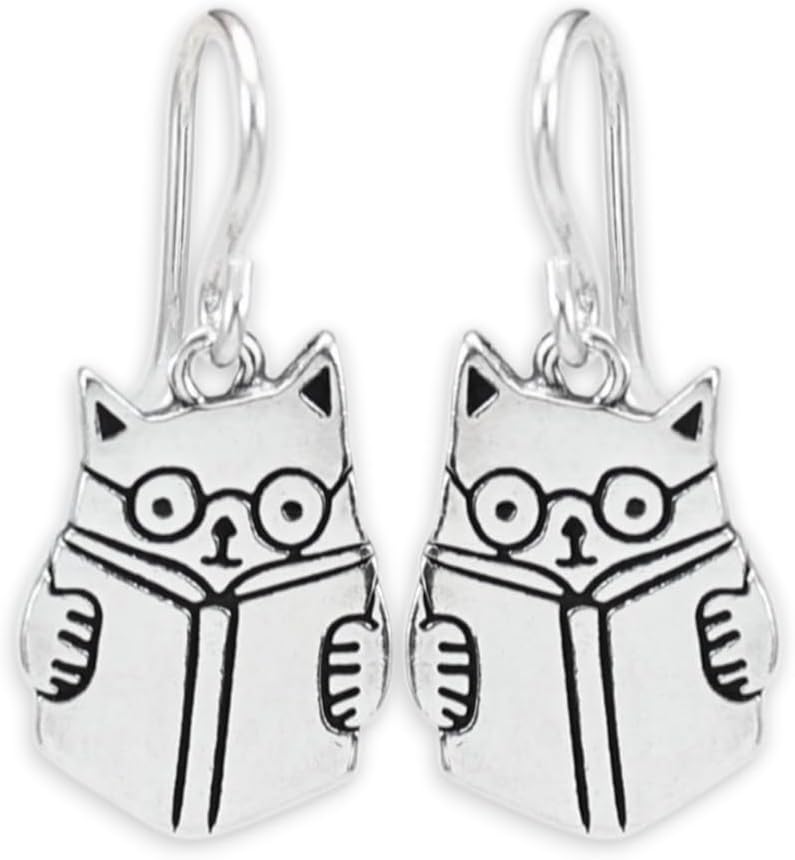 Mark Poulin Small Sterling Silver Book Cat Earrings - Reading Cat with Glasses Charm Earrings on Sterling French Hook Ear Wires - 925 Gift