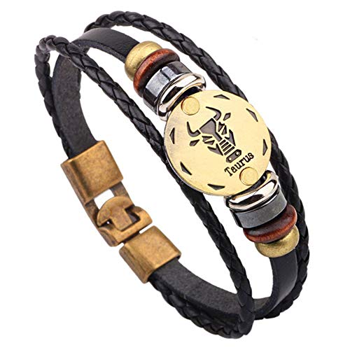 Casa De Novia Jewelry Retro 12 Zodiac Constellation Alloy Leather Hand Woven Braided Rope Bracelet Punk Chain Cuff Taurus