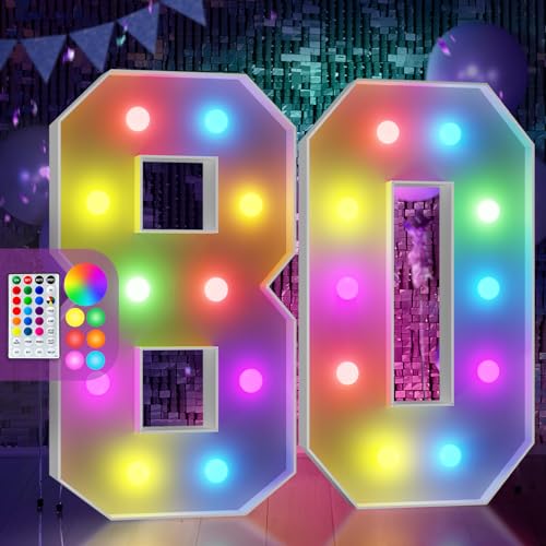 Image of Imprsv Colorful 4FT Marquee Numbers Light up Numbers 80 Birthday Decoration | RGB with Remote, Party Decorations Anniversary Wedding Decorations Assembly Required Foam Board 42 Pcs Accessory Set