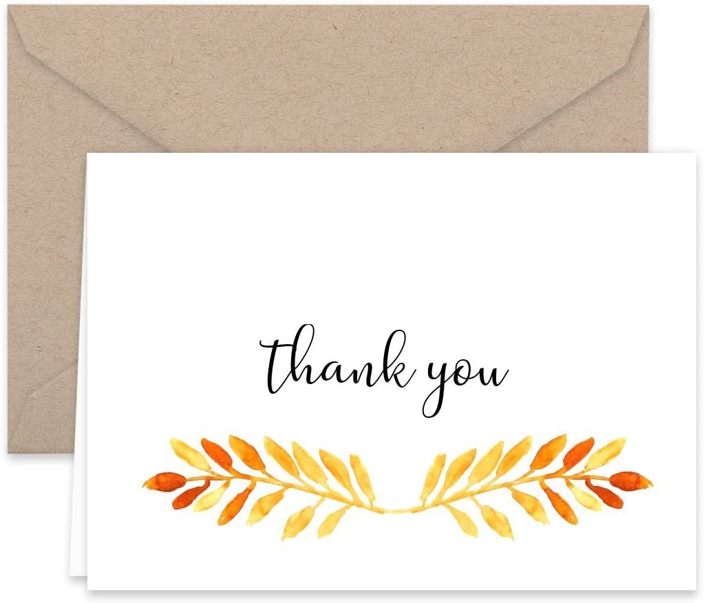 Thank You Cards With Kraft Envelopes - 25 Pack Greenery Design 4x4 Inch Notes