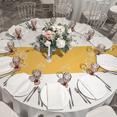 Image of 12 Pack 12x108 Inch Satin Table Runner and 84 Inch Round Plastic Tablecloths Set Black and Gold Disposable Round Table Cover for Graduation Wedding Bridal Shower Anniversary Birthday Party Decorations