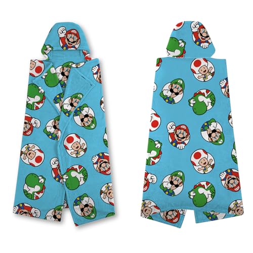 Official Nintendo Super Mario Hooded Fleece Throw Blanket | Super Soft Warm Blue Blanket with Mario and Luigi Design | Perfect For Home, Bedroom, Sleepovers & Camping | Size 100 x 120cm