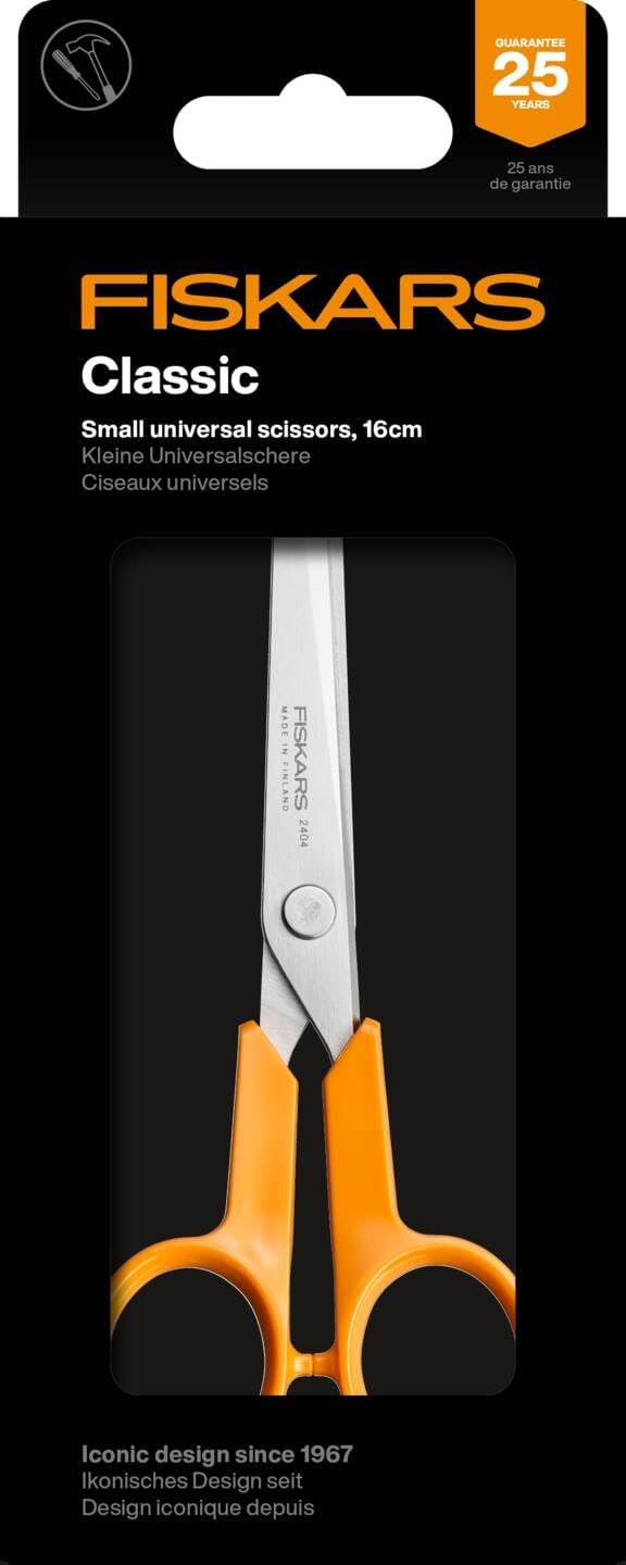 Fiskars Classic 1075055 Small DIY Universal Scissors, Right and Left-Handed, Total Length: 16 cm, Improved Handle Ergonomics, Quality Steel/Plastic, Orange