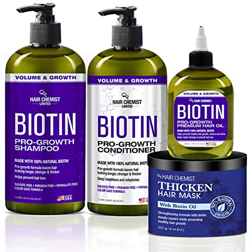 Hair Chemist Biotin Pro-Growth 4PC Hair Care Set - Includes 33.8oz Shampoo, 33.8oz Conditioner, 8oz Hair Mask & 7.78oz Hair Oil