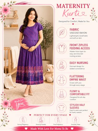 Image of RITIJYA Zipless Feeding Kurta Dress for Women | Maternity Nursing Kurti, No-Zip Easy Access | Extra Pleats Pre to Post Pregnancy | Quick-Dry Fabric | S-4XL