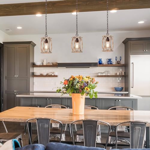 Image of KSANA Farmhouse Pendant Light, Wood Rustic Cage Lantern Hanging Light Fixture for Kitchen Island, Foyer, Hallway, Bedroom and Entryway