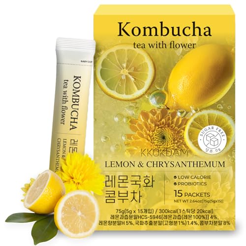 KKOKDAM Kombucha Tea - Lemon & Chrysanthemum Korean Tea - Organic Kombucha Drinks Probiotic Support, Low Calorie, Sugar Free Kombucha Pack - 15 Kombucha Drink
