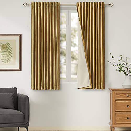 Image of 100% Blackout Gold Velvet Curtains 63 inches for Living Room,2 Panels Rod Pocket Back Tab Thermal Insulated Room Darkening Curtain with Liner Heavy Noice Reducing Soundproof Window Drapes for Bedroom
