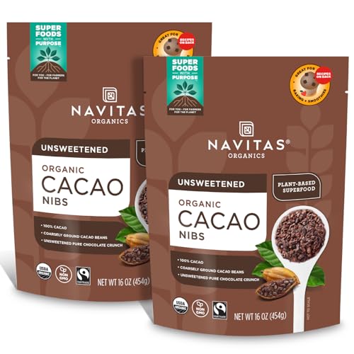Navitas Organics Raw Cacao Nibs 16oz. bag, 15 servings â€” Organic, Non-GMO, Fair Trade, Gluten-Free (Pack of 2)