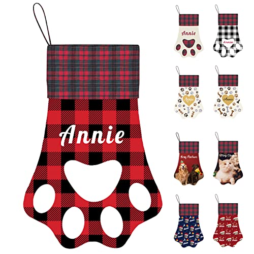 SeeWeLove Chaussettes de Noël personnalisées pour Chiens, Chats, Chien de Compagnie, nom de Chat, Photo, Sac de Bas de Bonbons, Grande Forme de Patte Faite à la Main, Bas de Noël Suspendus (43,2 cm)