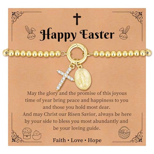 Womens Gold Beaded Cross Bracelet - 14k Gold Plated Virgin Mary Bracelets,Non Tarnish Religious Rosarios Catolicos Virgen de Guadalupe Jewelry,Catholic Confirmation Baptism Easter Gifts for Woman