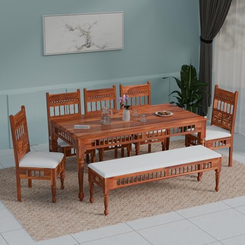 Image of Dining Table 8 Seater | Solid Sheesham Wood 8 Seater Dinning Table Set with 5 Cushioned Chairs & 1 Bench | Rectangular Dinner Table for Home, Kitchen & Living Room | Natural Finish