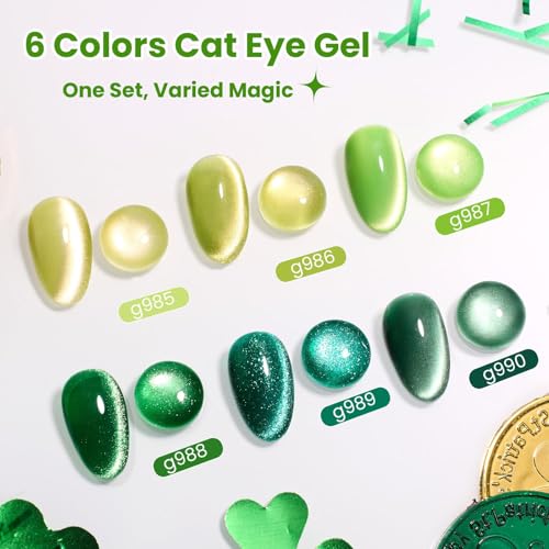Image of Beetles Green Spirit Cat Eye Gel Nail Polish Set, 6 Colors Glitter Green | Lime Emerald Olive Glitter Gel Polish Kit Magnetic Shine Soak Off UV Manicure Gift for Women