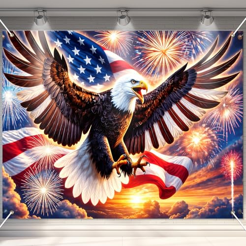 Image of BlissYard 4th of July Backdrop 8x6ft Patriotic Eagle Decorations American Flag Fireworks Banner Independence Day Party Decor for Outdoor Indoor Yard Photo Booth Red White Blue Stars Stripes