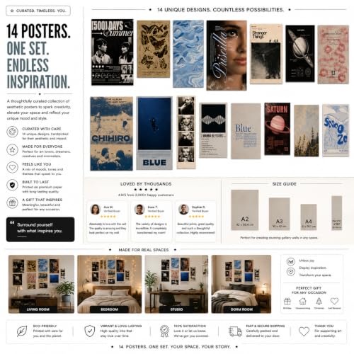 Image of 14 Piece Blue Aesthetic Poster Set | 300 GSM Multi-Sized Wall Posters with Adhesive Tape | Movie, Music & Vintage Art Prints for Bedroom, Room Decor, Home Decor, Living Room & Wall Art