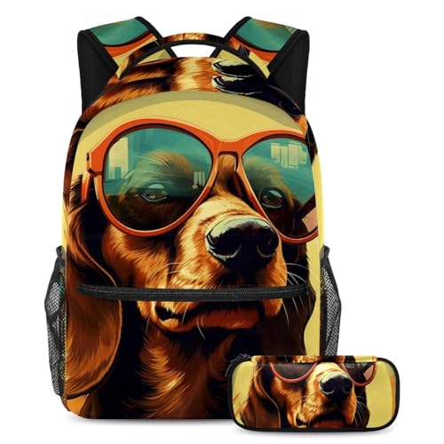 Lunettes de soleil rétro Cool Dog ensemble sac à dos anti-encombrement et trousse pour élèves