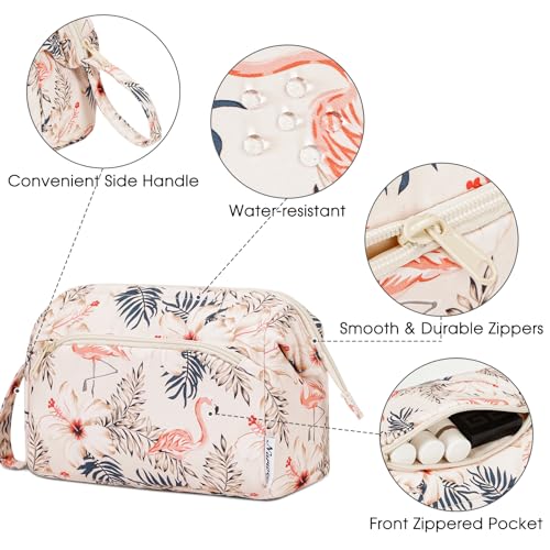 Narwey Large Makeup Bag Wide-open Zipper Pouch Travel Wash Bag Toiletry Bag Cosmetic Organizer for Women (Beige Flamingo) - Image 4