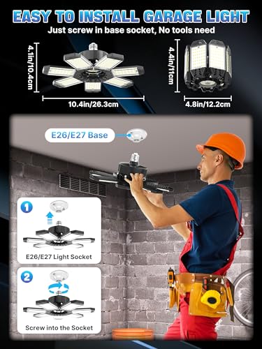 Plafoniere LED a Soffitto Garage 200W, 6 Pezzi 20000LM Lampada Officina LED con 7+1 Pannelli Regolabili 6500K Plafoniera LED Garage Prese E26/E27 per Garage Magazzino Palestra Cucina Illuminazione - Illuminazione - Immagine 5