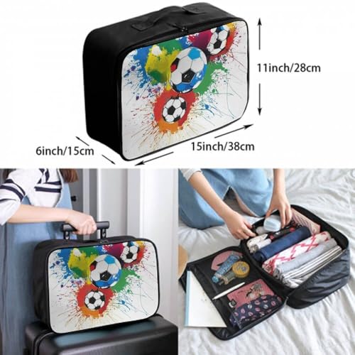 Leather Travel Carry On Tote Weekender Bag, Large Overnight Storage Bag, Lever To Hang Bags For Women Men Splash Ink Colorful Paint Football Soccer Ball3