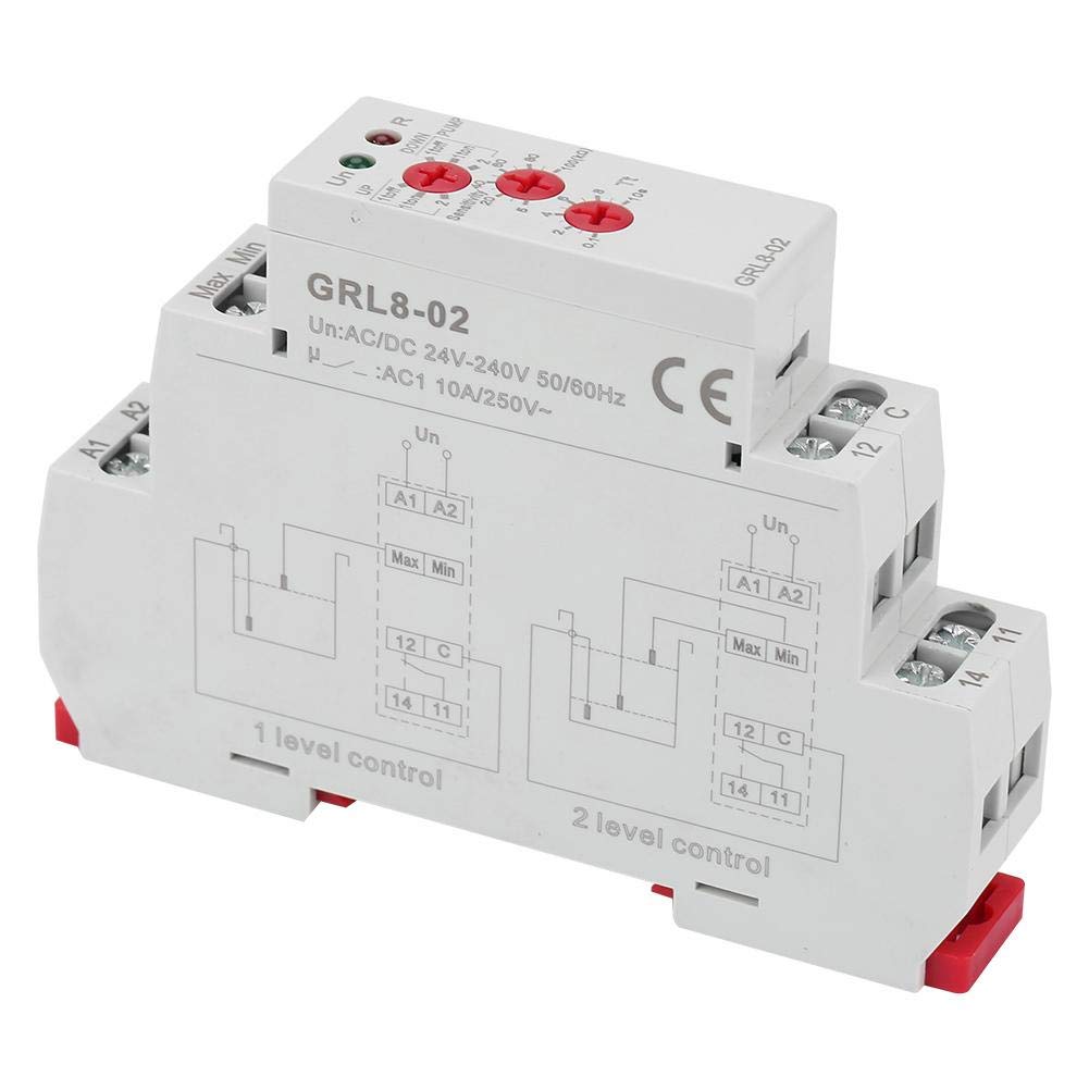 Elprico Relais de contrôle de Niveau de Liquide GRL8-02, 10A AC/DC 24V-240V Relais de contrôle de Niveau de Liquide Contrôleur de Niveau d'eau Rail DIN 35 mm