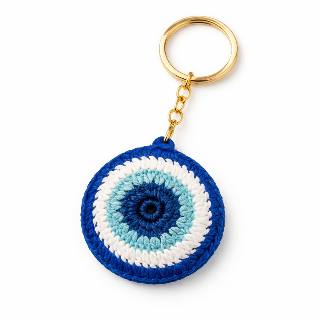 handmade crochet evil eye keychain for women girls | nazar protection key ring bag charm | aesthetic blue eye keychain cotton yarn handcrafted | gift for her, car keys, purse accessory