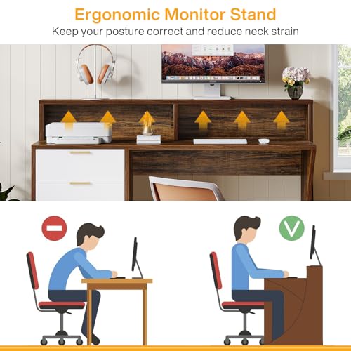 Image of Tribesigns Computer Desk with 5 Drawers, 47-Inch Home Office Desk with Monitor Stand and Printer Space, Modern Ergonomic PC Study Writing Table for Bedroom, Small Spaces, Rustic Brown & White