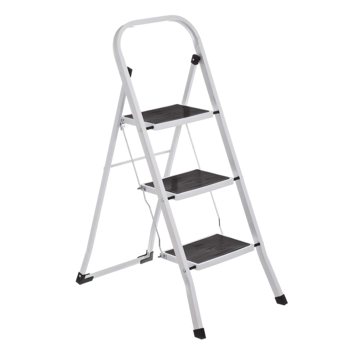 LOLAhome Escalera Varios Peldaños,Plegable Antideslizante,Asa Superior,Sistema de Seguridad,Peldaños y Tapas Antideslizantes,Capacidad 150 kg,Blanca o Negra de Acero (Blanco, 3 Peldaños - 105 cm)