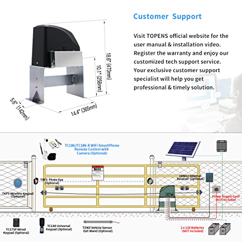Topens Dkc500S Solar Sliding Gate Opener Chain Drive Automatic Gate Motor For Heavy Driveway Slide Gates Up To 1300 Pounds, Electric Gate Operator Battery Powered With Solar Panel Remote Control Kit #TOP5