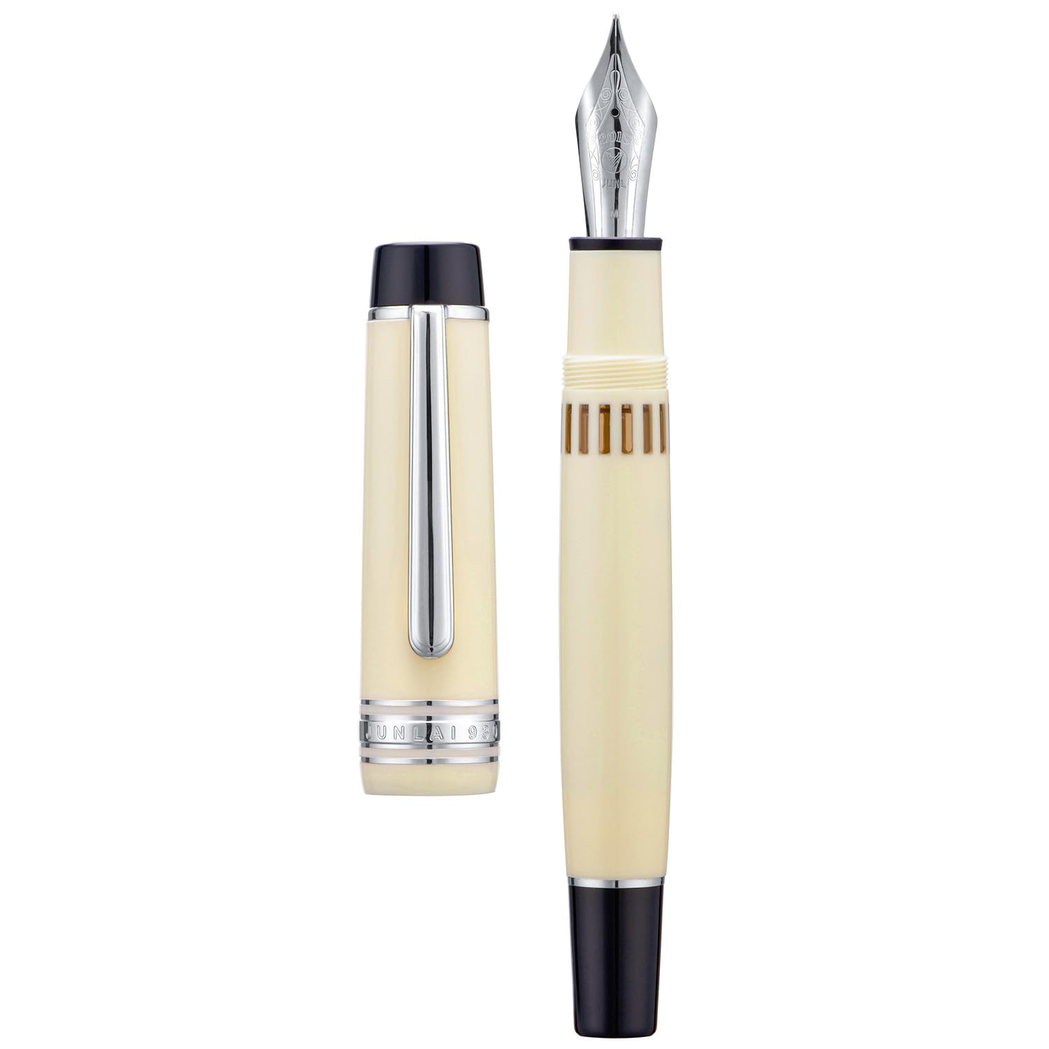 Wikult Yongsheng Junlai 930 Acrylic Fountain Pen, Size 9 Fine Nib with Piston Filling System, Ivory White Fence Ink Tank with Flat Top Design Smooth