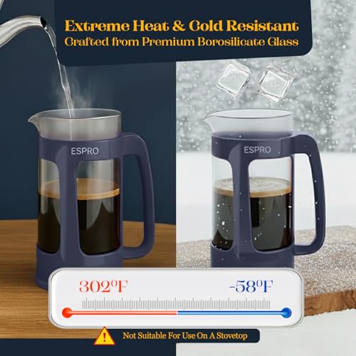 Image of ESPRO Light P3 French Press Coffee Maker - Patented Double Micro-Filter for Grit-Free Brew, Heat Resistant thicker Borosilicate Glass Coffee press - (Blue - 32 oz)