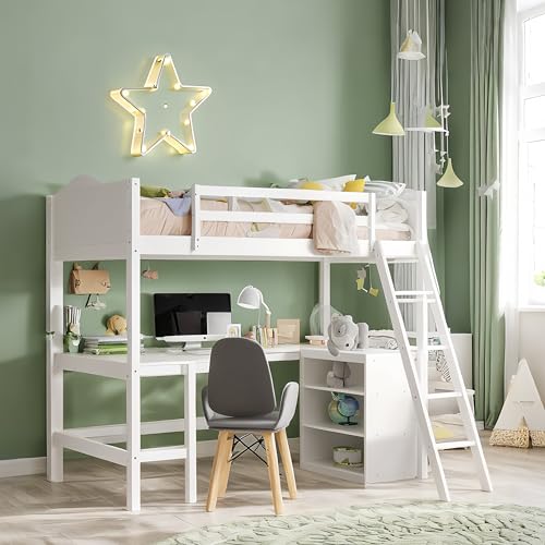 Twin Loft Bed with Desk and Storage Shelves, Wood Loft Bed with Bookcase, Loft Beds Frame for Kids, Boys, Girls Teens, Noise Free, No Box Spring Needed, White