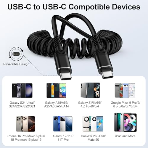 Coiled USB C to USB C Charger Cable for Car,60W Type C Samsung Phone Charger Lead Fast Charge Retractable Android Auto Cable for Samsung Galaxy S24 Ultra S23 FE S22 S21 S20 A17 A16 A15 A55,iPhone 16 - Image 6