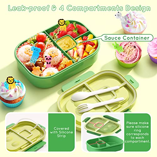 Image of Bento Lunch Box Leakproof 44oz Kids Lunch Box Containers with 4 Compartment, Bento-Style Lunch Bento Box with Cutlery, Reusable Kid Back to School Meal /Snack Packing BPA Free (Green)