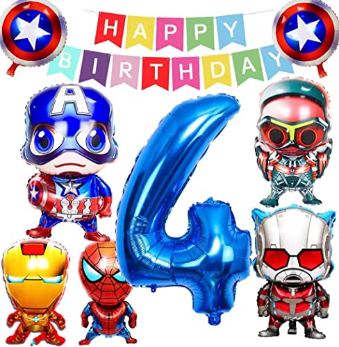 Decoracion Cumpleaños Superheroes,Globos de Superheroes,Globos de Dibujos Animados,Superhéroe Marvel Cumpleaños Decoracion,Niños Niñas Juego de Decoración de Cumpleaños (4 años) Cover