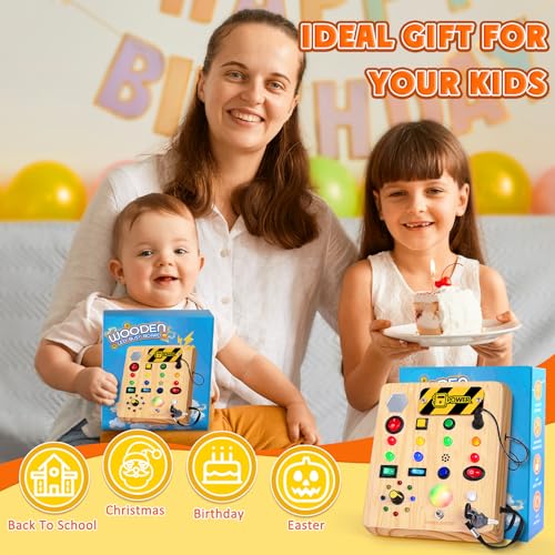 Image of TINTECUSA Busy Board with LED Light, Wooden Sensory Toys for Toddler, Montessori Music Toy for Airplane, Travel Activity Educational Learning Autism Toys, Birthday Boys Girls Gifts