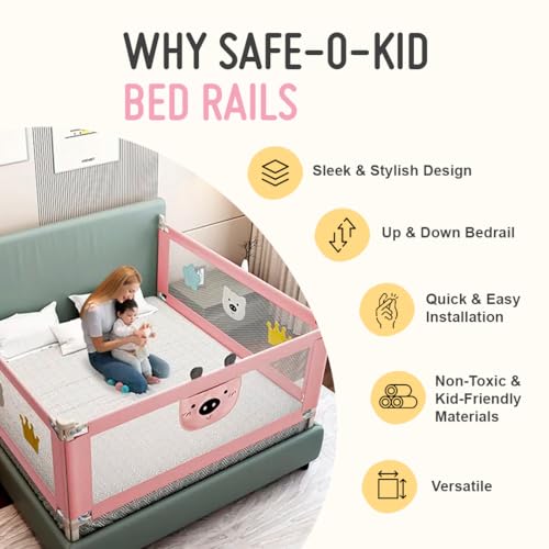Image of Safe-O-Kid 1-Year Warranty 6 Feet /180 Cms Metal Baby Bed Rail, Adjustable Height, Baby Safety Bed Railing for Secure Sleep, Bed Guard for Babies, Pink-Pack of 1