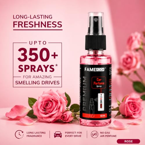 Image of Rose Premium Car Perfume Luxury Spray 50 ML with Hanging Card /Travel Friendly Car Air Fresheners 350+ Sprays /Car Accessories Interior /Eliminates Bad Odour for Car, Office & Home