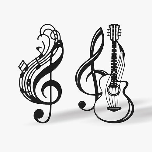 Jarrón de metal con notas musicales para pared, decoración colgante para sala de estar, cocina, dormitorio (notas musicales de guitarra, paquete de