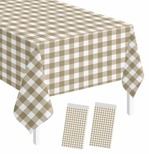 Image of SietDESEO 2 Pack Brown Gingham Tablecloth Rectangle 54 x 108 Brown and White Checkered Table Cloth Disposable Plaid Table Cover Plastic for Birthday Baby Shower Picnic Wedding Party Supplies