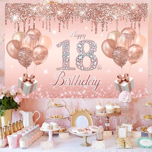 Image of 18th Birthday Decorations for Girls,rose gold happy birthday banner,happy 18th birthday Backdrop, it's my 18th Birthday Sash, Sweet Rhinestone Tiara Crown,18th Balloons, Rose Gold