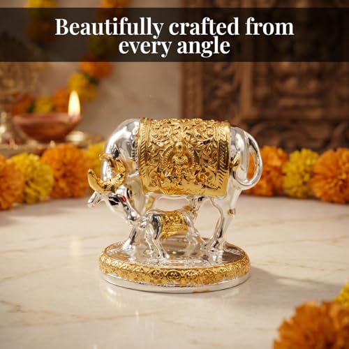 Image of 24K Gold and 999 Pure Silver Plated Kamdhenu Cow Idol - 2.5 Inch Auspicious Vastu Home Decor for Pooja Room and Mandir - Sacred Two-Tone Symbol of Prosperity and Success