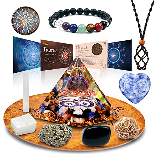 vuUUuv Horóscopo Orgone Pirámide ，Tauro Cristal Curativo Set de Regalo ，Zodiac Signo Piedras a Companion Birthstone, para la Astrología ，Reiki，Energy, Meditación