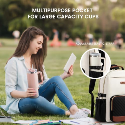 Image of LOVEVOOK Laptop Backpack for Women with Pouch Pocket for Large Capacity Cup,17 Inch Laptop Computer Bag Travel Backpack Purse,Work Business Backpack College Teacher Bags,Beige-Black-Brown + V-shaped