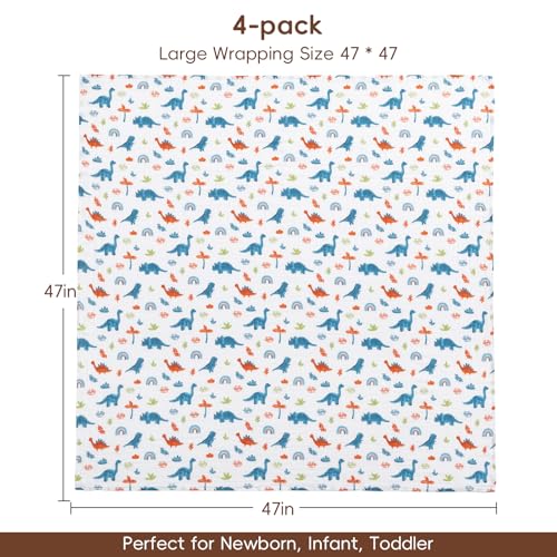 Image of david's kids 4 Pack Baby Muslin Swaddle Blankets, 100% Cotton and Ultra Soft Breathable Receiving Blanket Wrap for Boys Girls, New Born Essentials, Large 47 x 47 inches, Dinosaur Blue