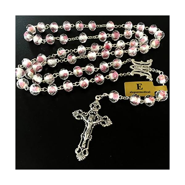 elegantmedical Handmade ROSE PINK Veluriyam ROSE BEADS ROSARY & ITALY CROSS MEDAL Catholic necklace GIFT BOX
