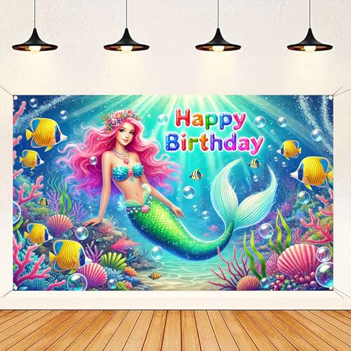 Image of BlissYard Happy Birthday Backdrop Colorful Sea Mermaid Princess Party Banner Photo Background for Photography Girls Birthday Party Decoration Supplies 71 x 43Inches