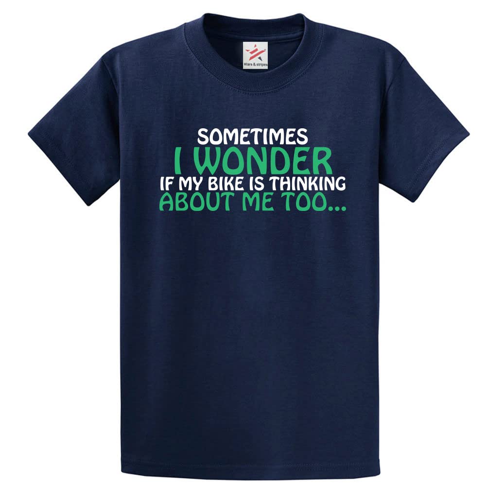 Stars and Stripes Sometimes I Wonder If My Bike is Thinking About Me Too Unisex Classic Adults T-Shirt for Bikers (M, Navy)